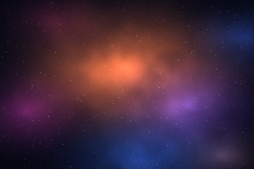 Nebula-like image with a glowing orange core, violet clouds and a scatter of stars.