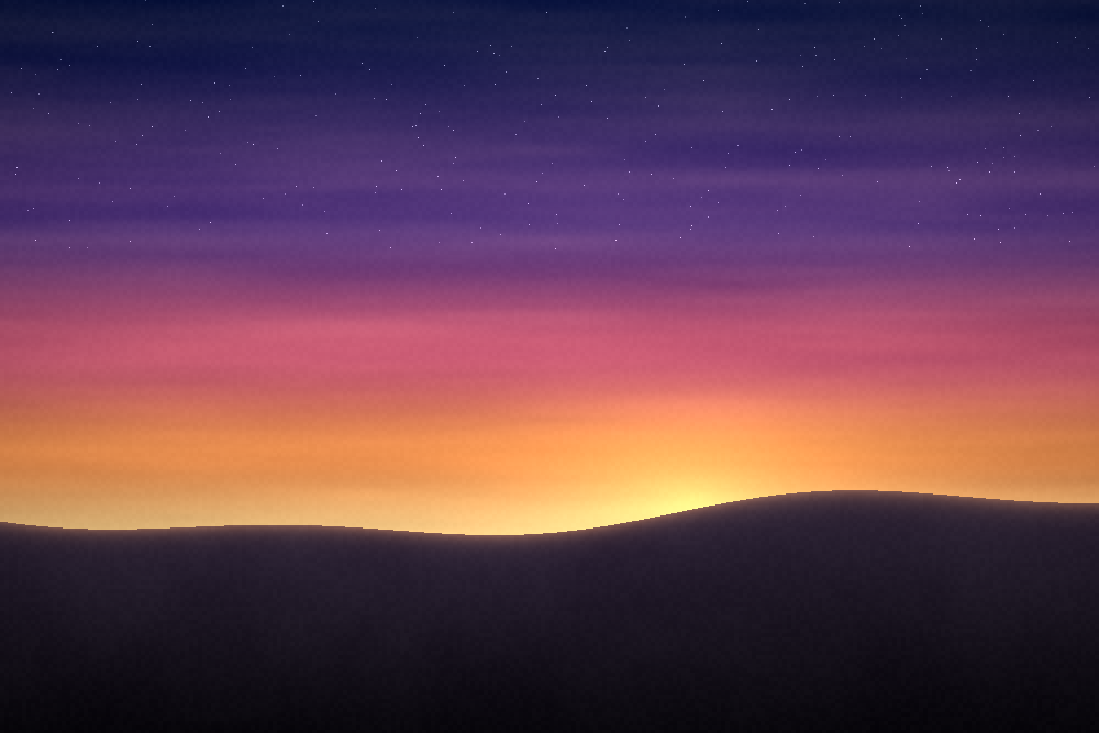 Dusk landscape with a violet-to-gold sky above the dark silhouette of a hill ridge.